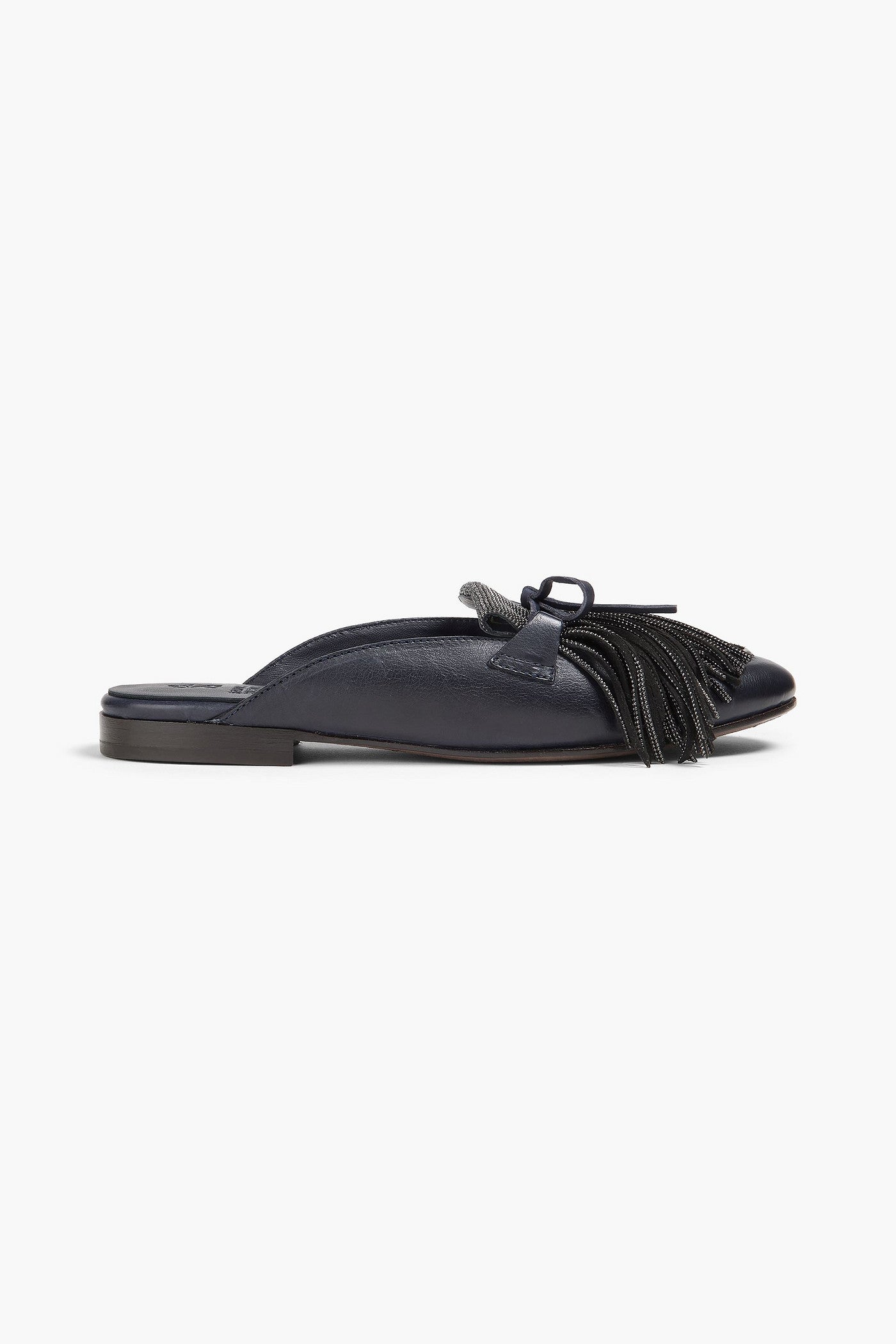 Brunello Cucinelli Bead-Embellished Fringed Leather Slippers Black Women's