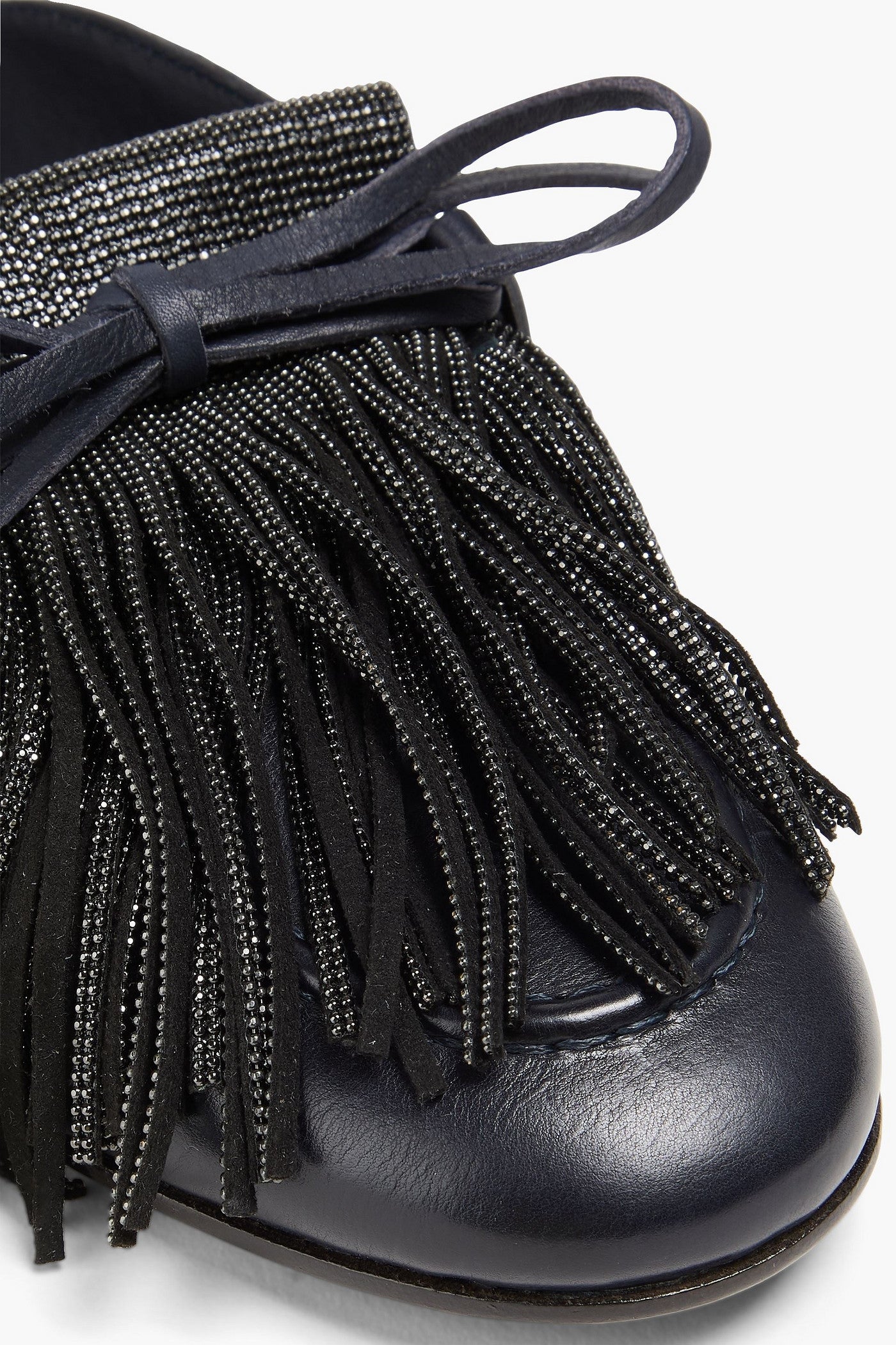 Brunello Cucinelli Bead-Embellished Fringed Leather Slippers Black Women's