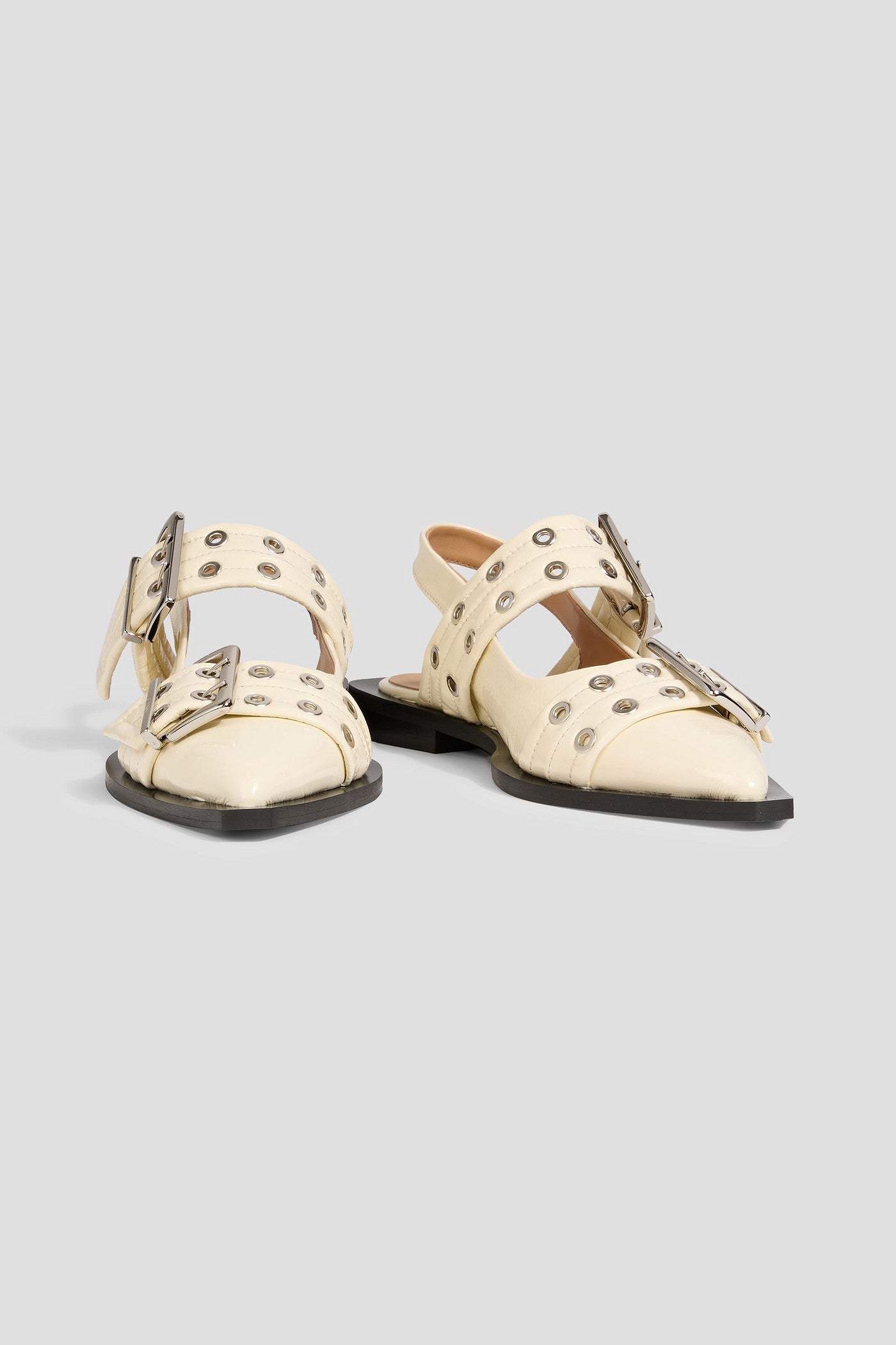 Ganni Buckled Glossed Slingback Point-Toe Flats Cream Women's