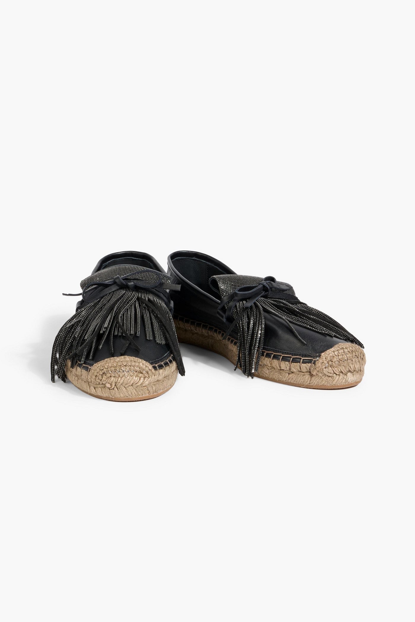 Brunello Cucinelli Fringed Bead-Embellished Leather Espadrilles Black Women's