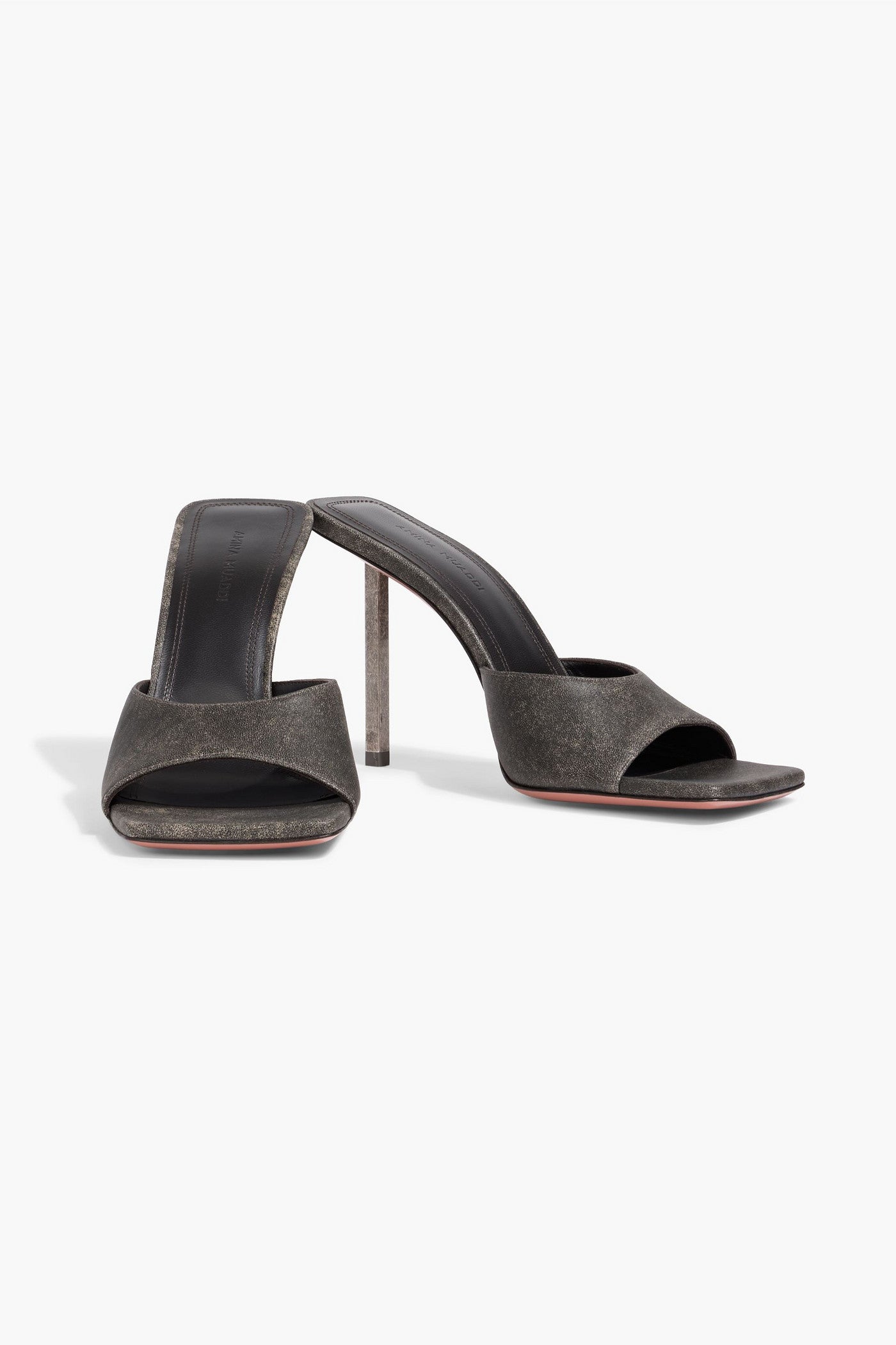 Amina Muaddi Laura 95 Distressed Leather Mules Charcoal Women's