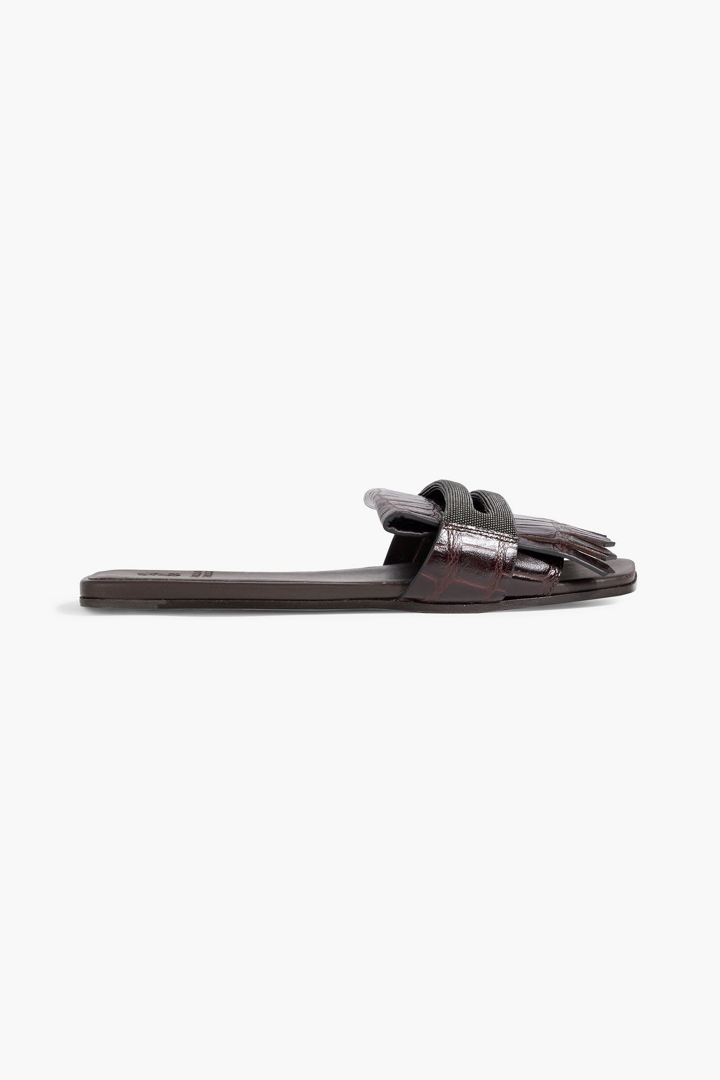 Brunello Cucinelli Bead-Embellished Fringed Croc-Effect Leather Slides Dark Brown Women's