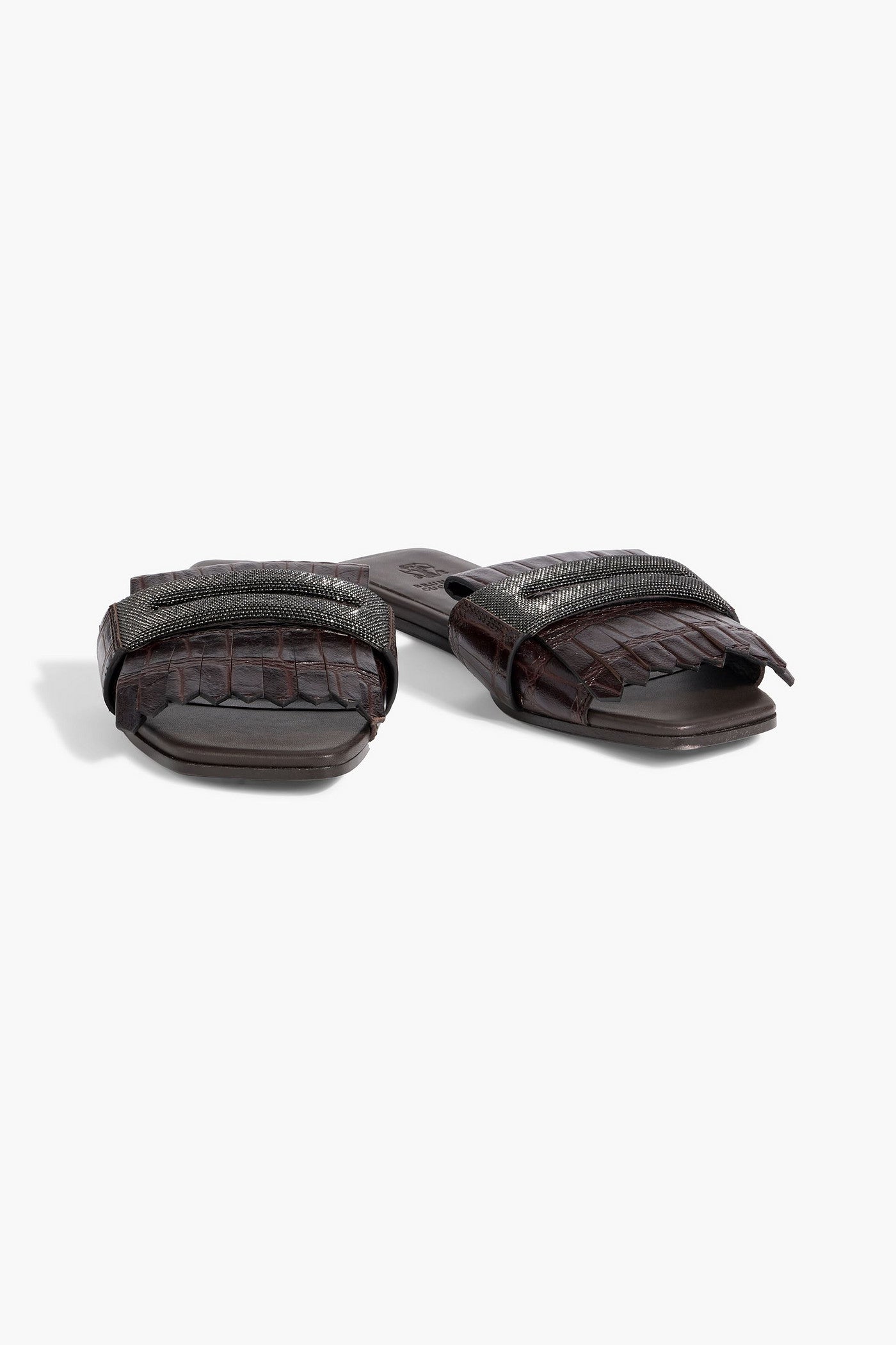Brunello Cucinelli Bead-Embellished Fringed Croc-Effect Leather Slides Dark Brown Women's