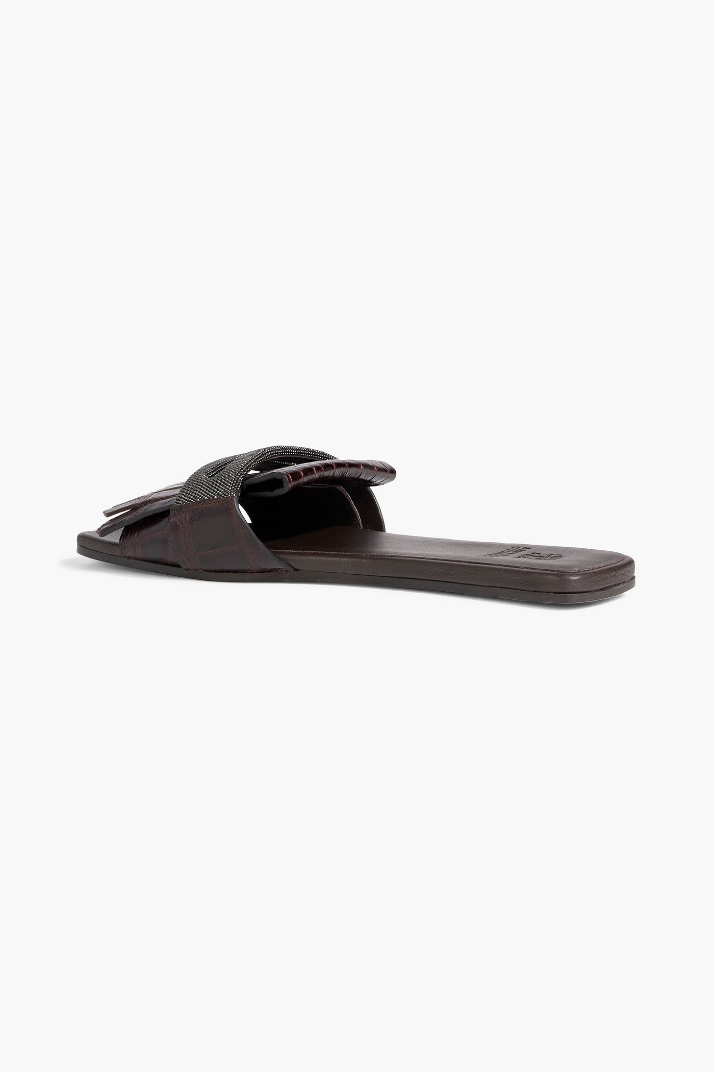 Brunello Cucinelli Bead-Embellished Fringed Croc-Effect Leather Slides Dark Brown Women's