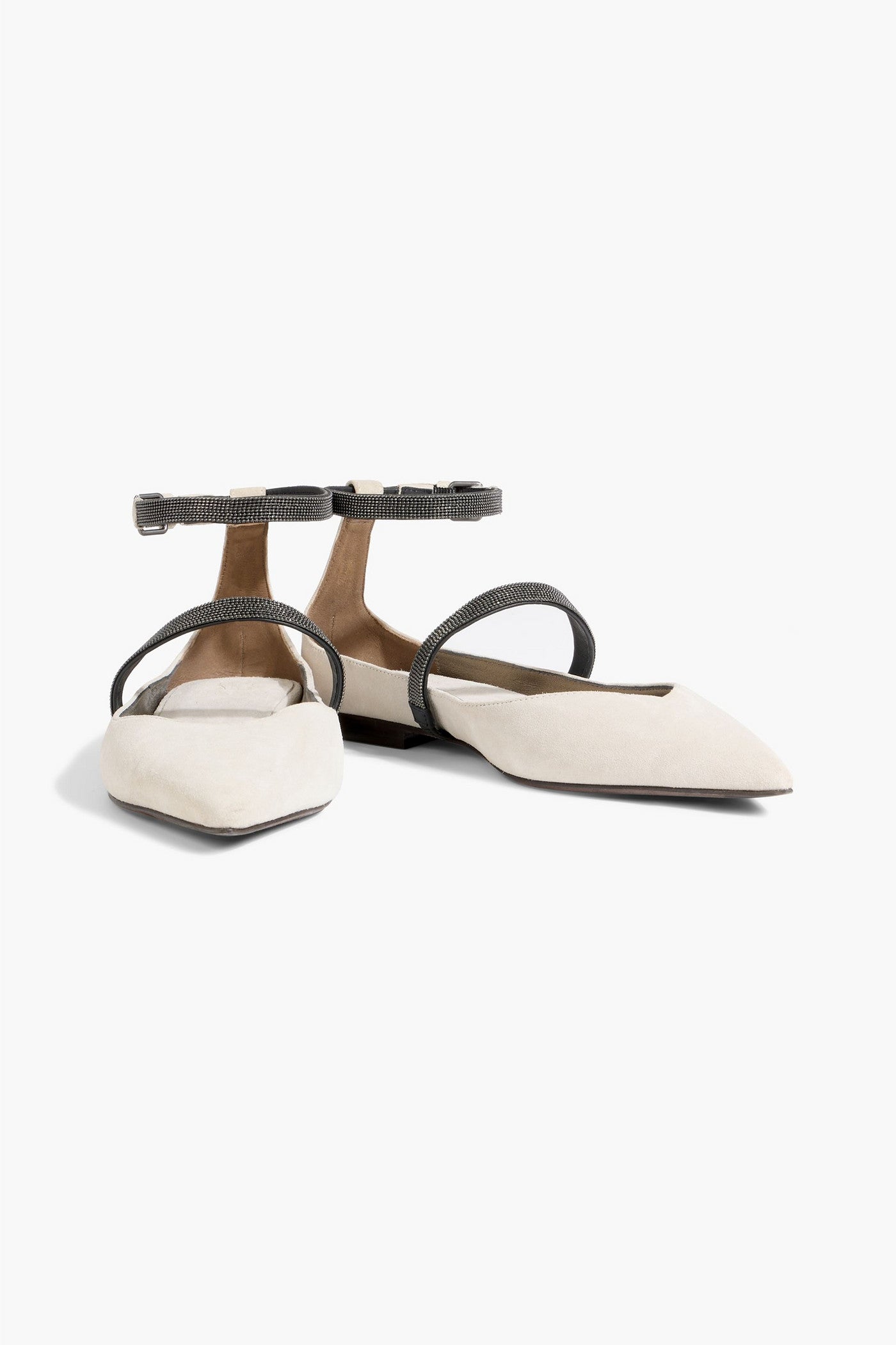 Brunello Cucinelli Bead-Embellished Suede Point-Toe Flats Light Gray Women's
