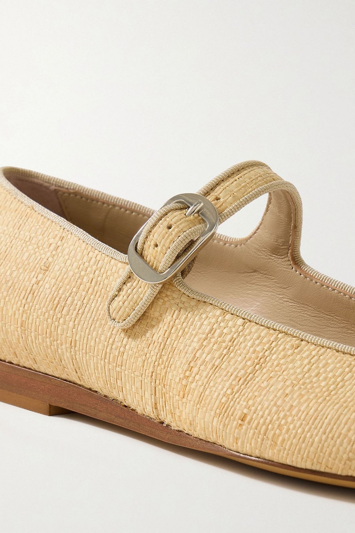 Le Monde Beryl Grosgrain-Trimmed Raffia Mary Jane Ballet Flats Sand Women's