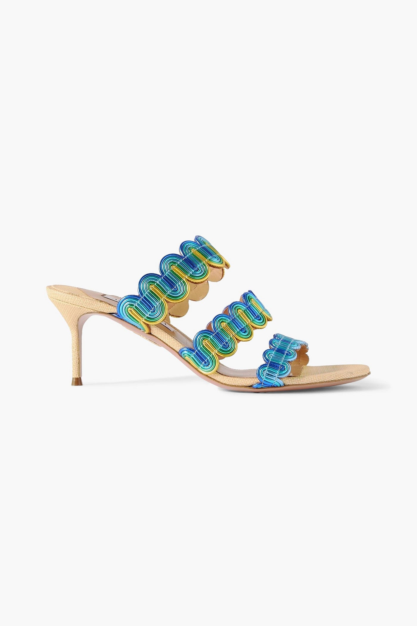 Aquazzura Wavy 65 Metallic Leather Mules Turquoise Women's