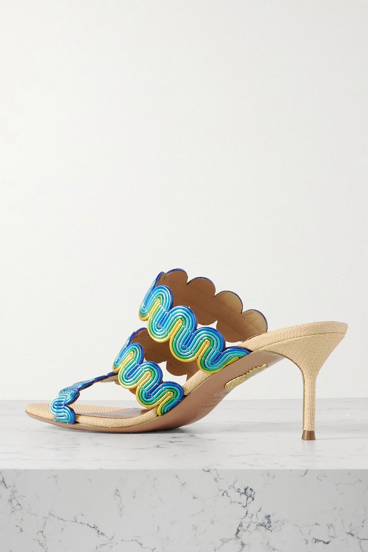 Aquazzura Wavy 65 Metallic Leather Mules Turquoise Women's