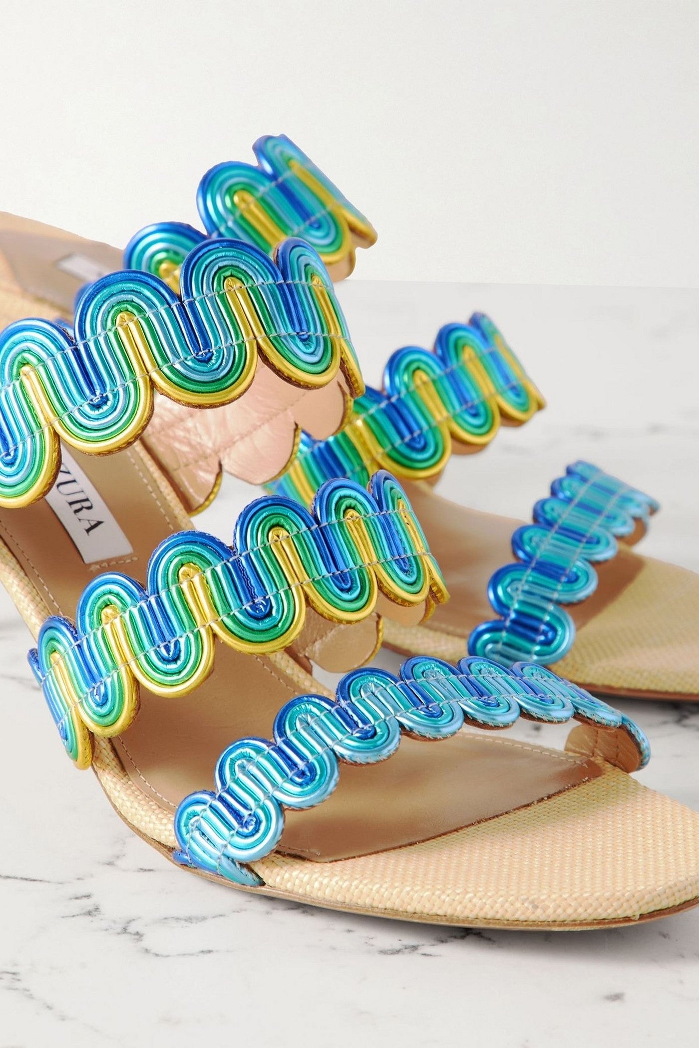 Aquazzura Wavy 65 Metallic Leather Mules Turquoise Women's