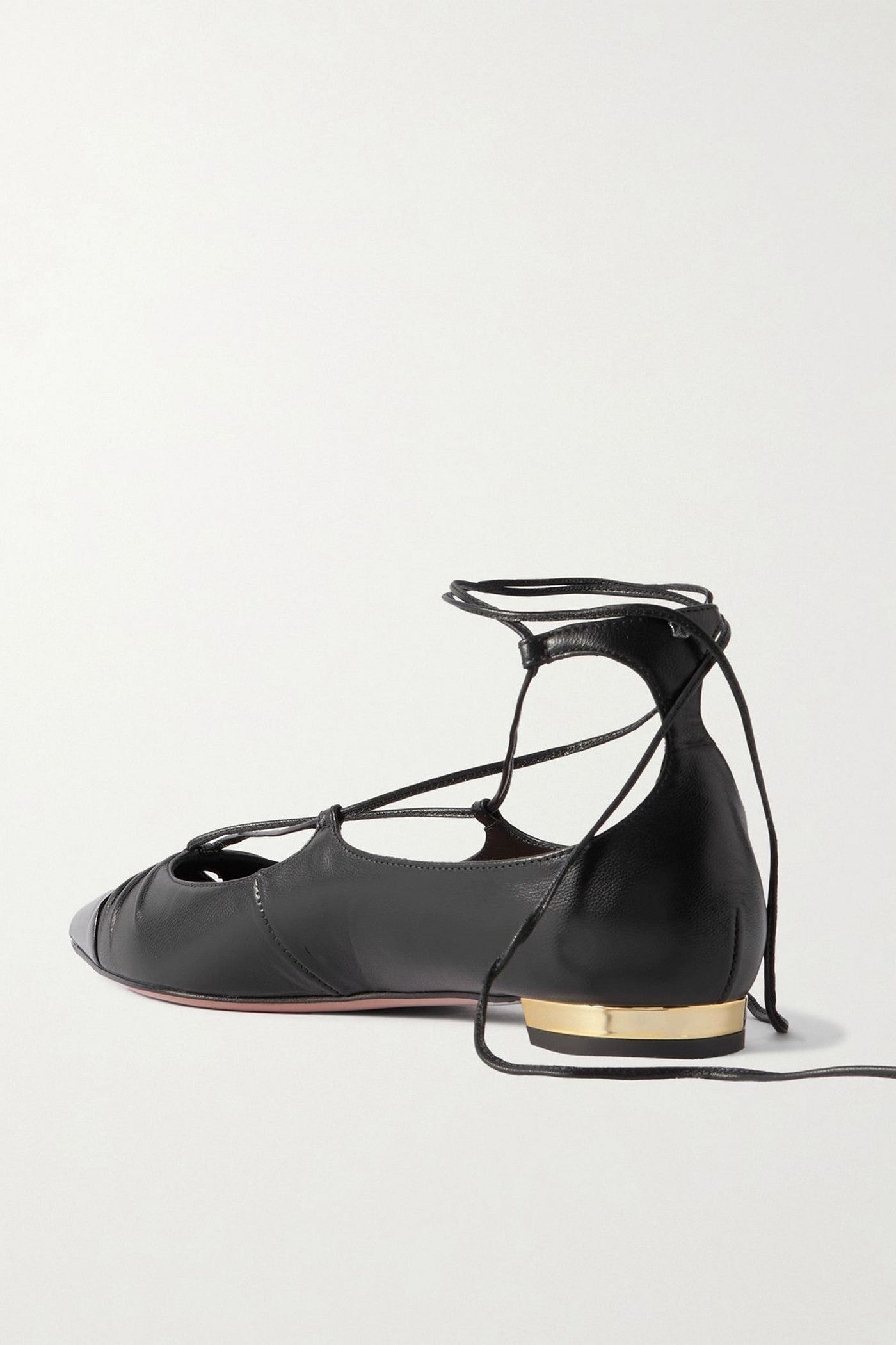 Aquazzura Gabi Lace-Up Glossed-Leather Point-Toe Flats Black Women's