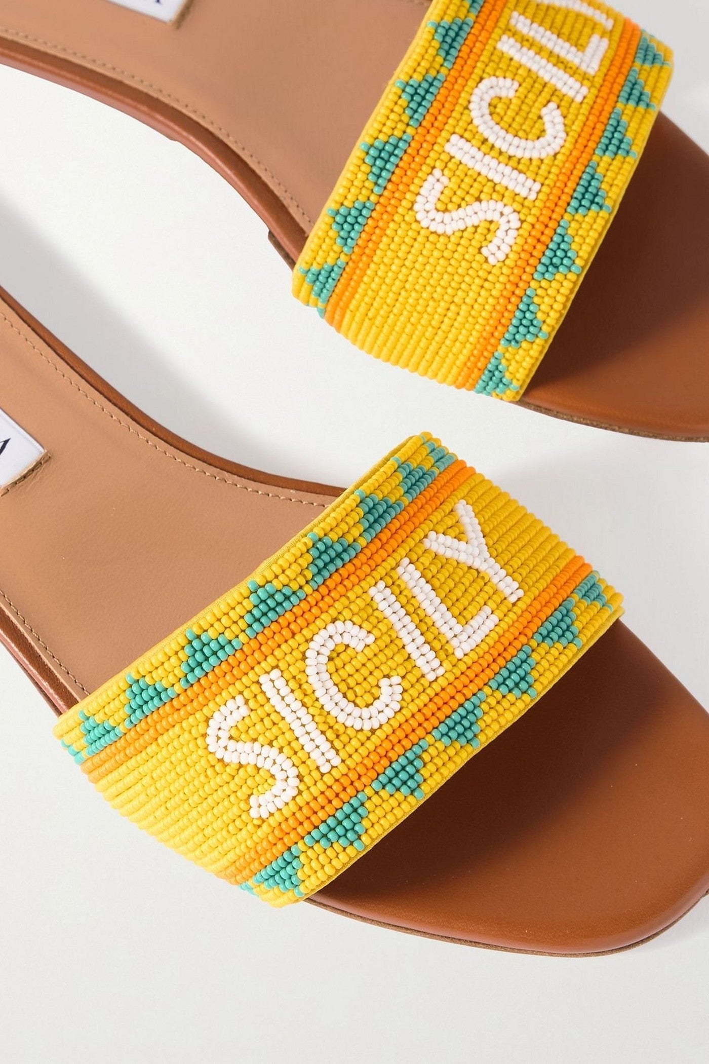 Aquazzura Sicily Beaded Leather Slides Yellow Women's