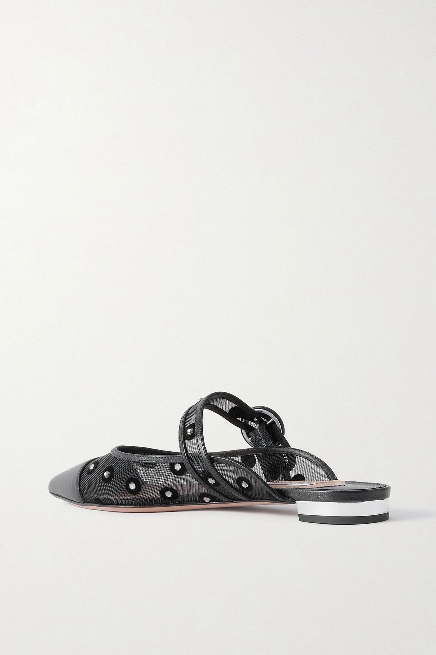 Aquazzura Darling Daisy Crystal-Embellished Flocked Polka-Dot Leather-Trimmed Mesh Mules Black Women's