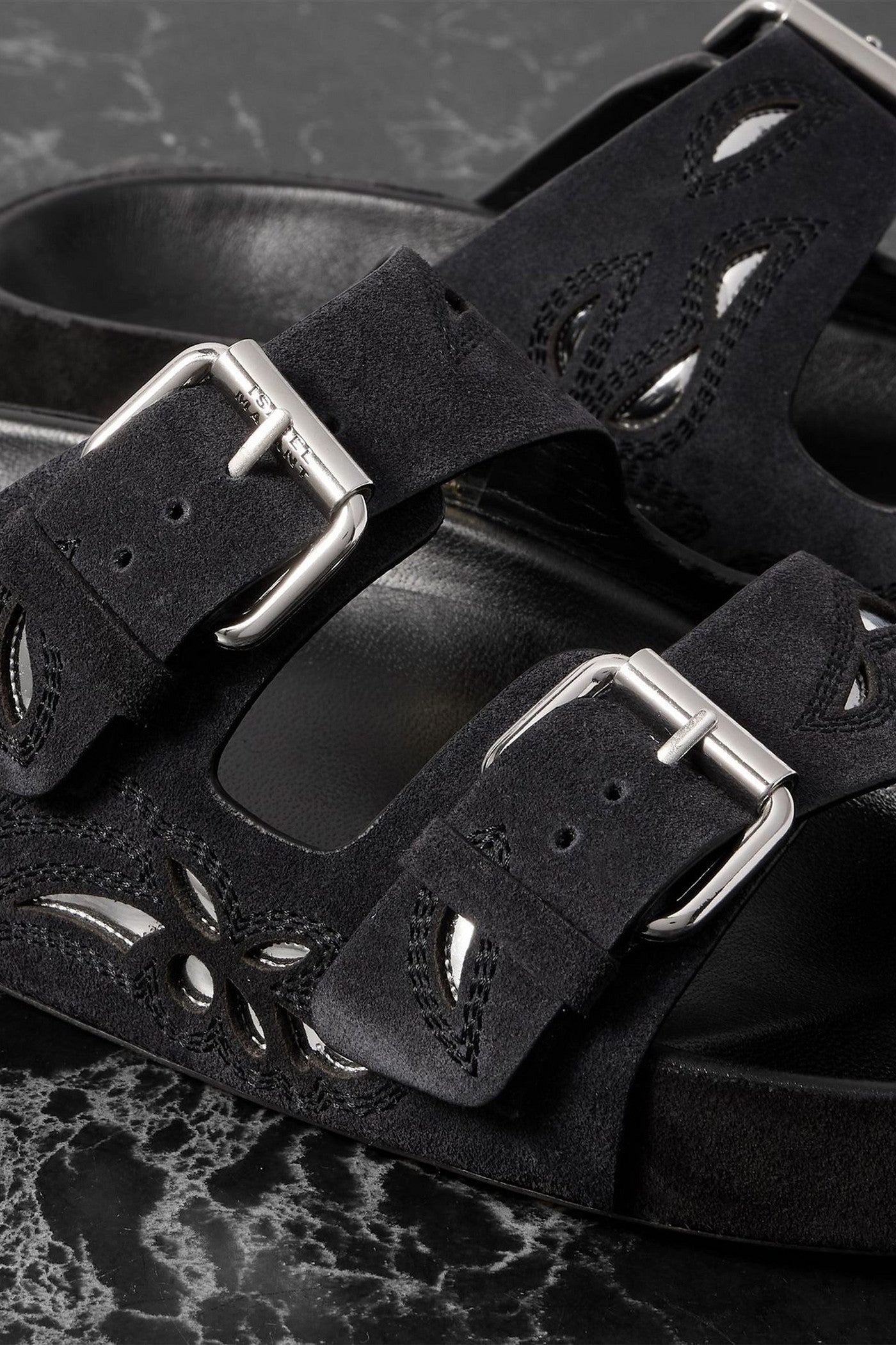 Isabel Marant Lennyo Embroidered Cutout Suede Slides Black Women's