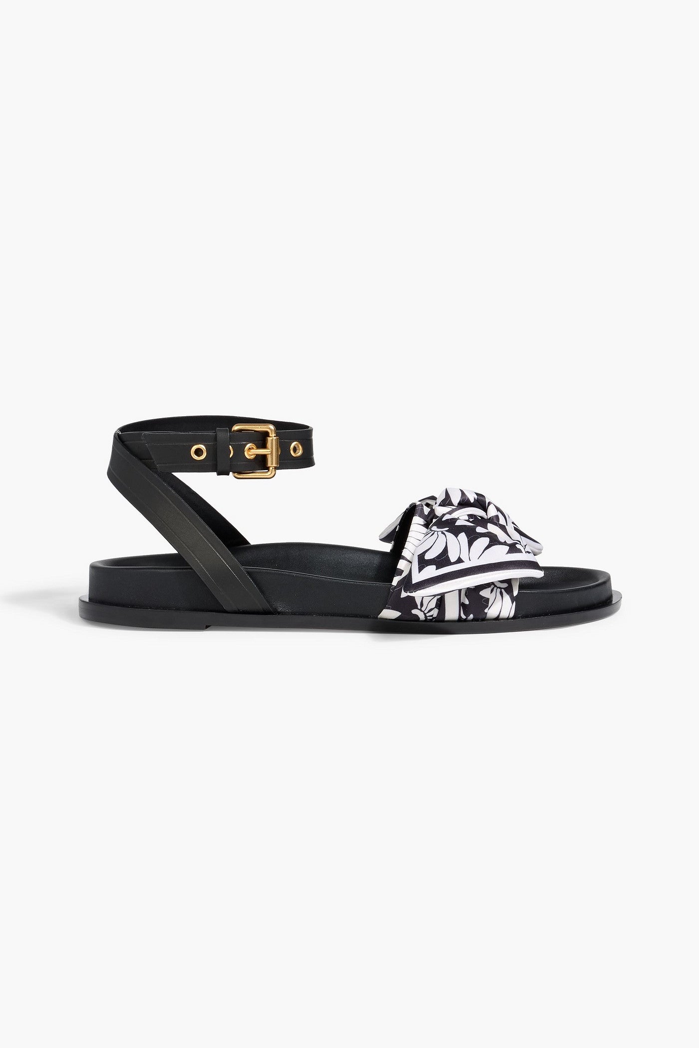Farm Rio Bow-Detailed Printed Satin And Leather Sandals Black Women's