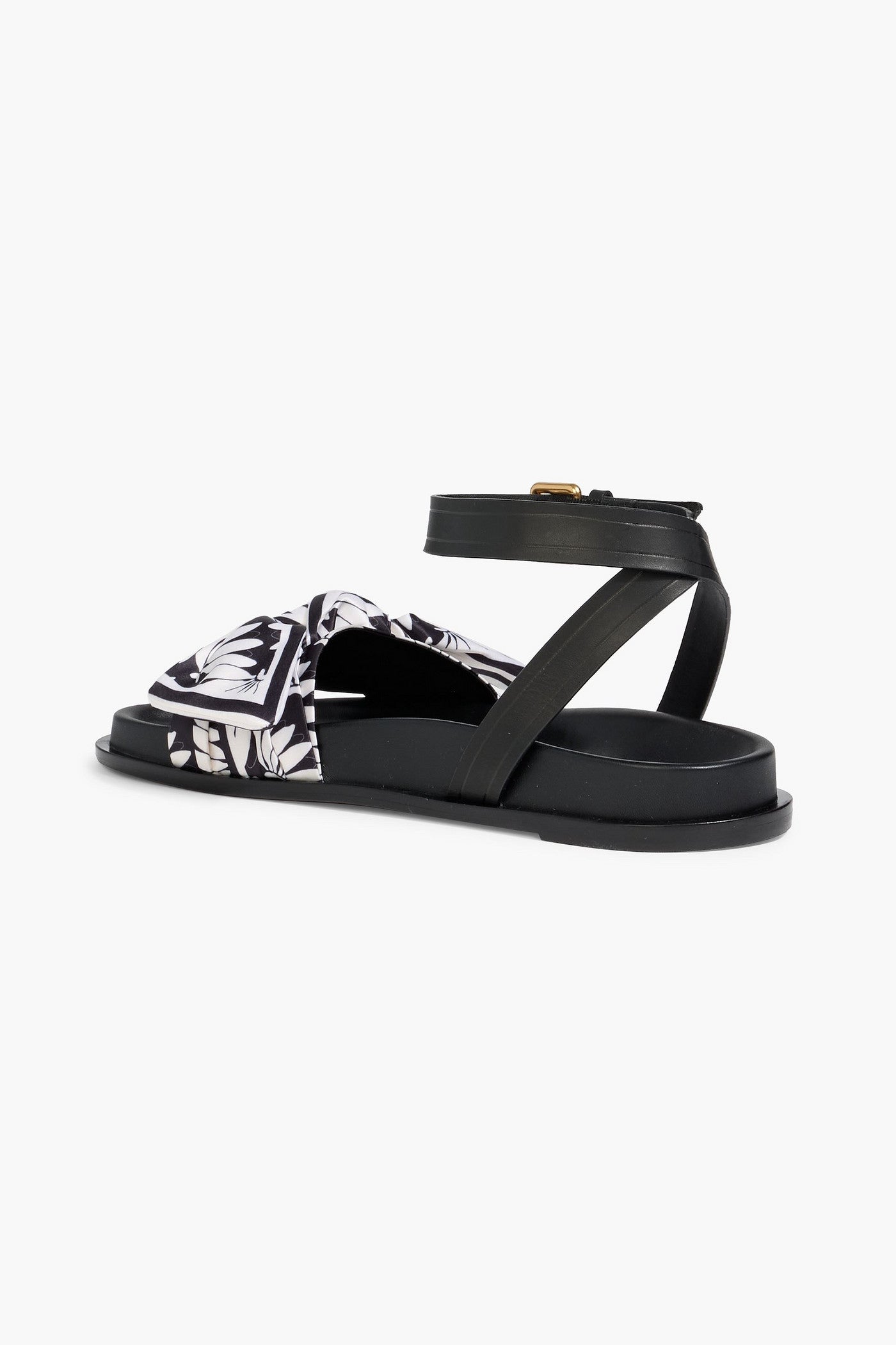 Farm Rio Bow-Detailed Printed Satin And Leather Sandals Black Women's