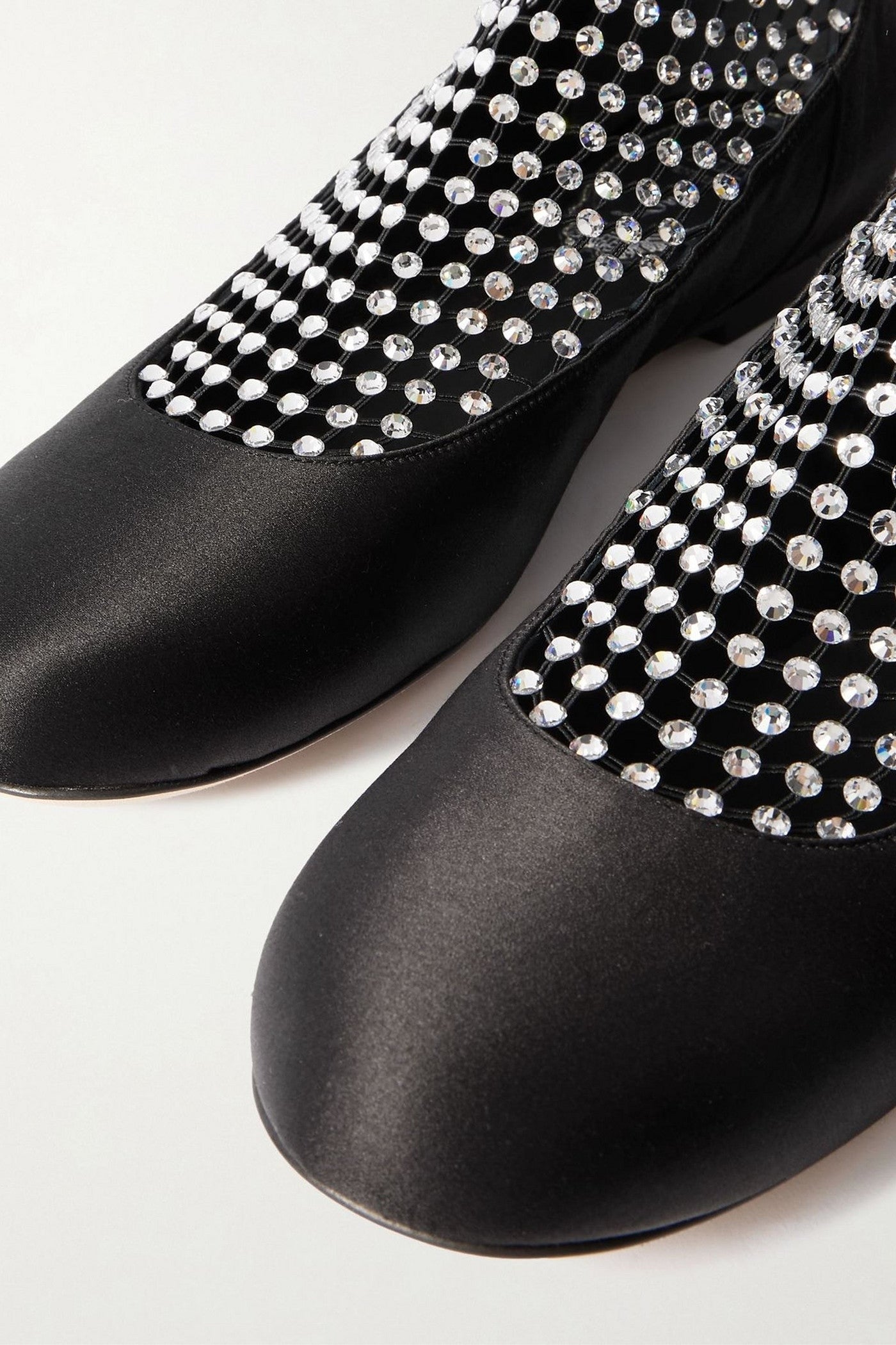 Rene' Caovilla Crystal-Embellished Mesh-Paneled Satin Ballet Flats Black Women's