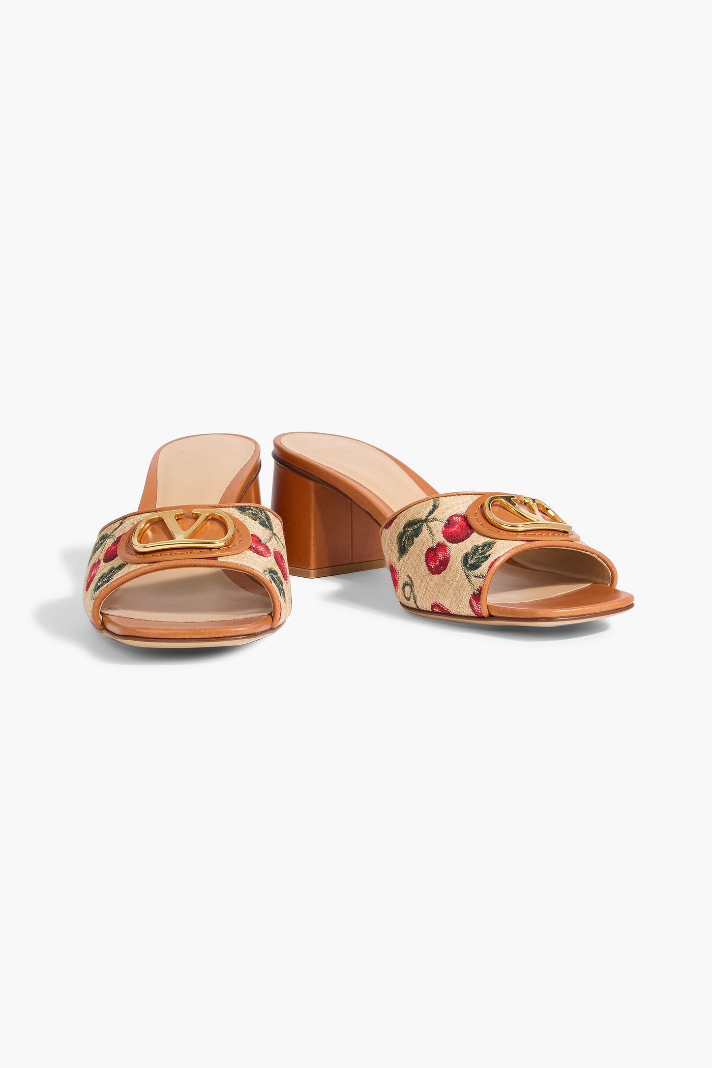 Valentino Garavani Vlogo Signature Cherryfic Leather-Trimmed Embroidered Raffia Mules Camel Women's