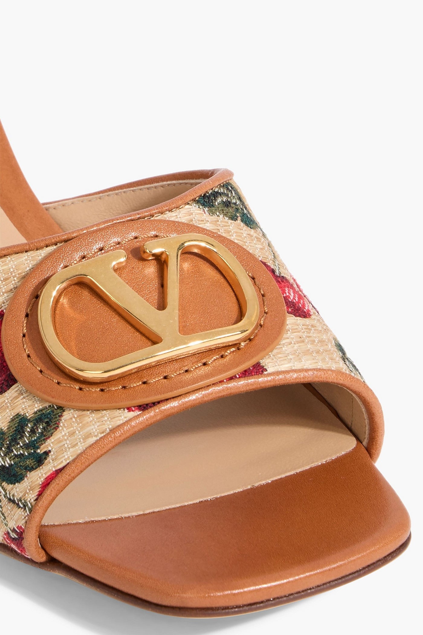 Valentino Garavani Vlogo Signature Cherryfic Leather-Trimmed Embroidered Raffia Mules Camel Women's