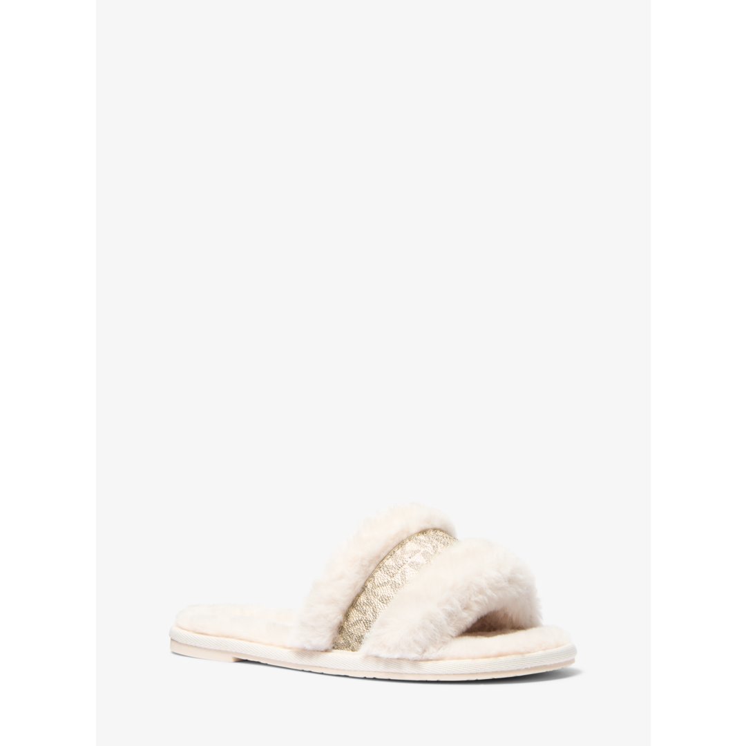 Michael Kors Alexis Faux Fur and Metallic Signature Logo Slide Sandal