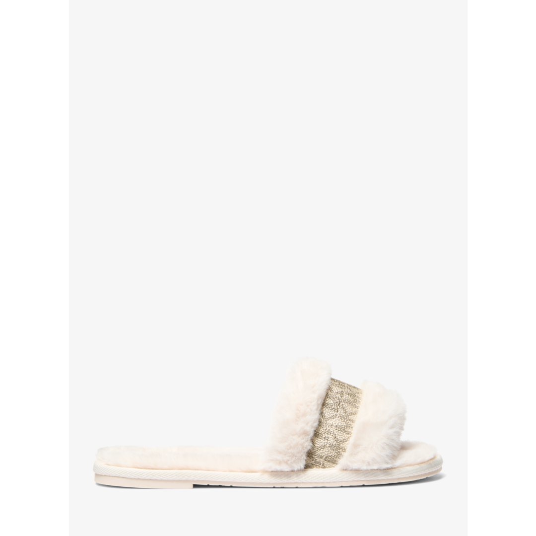 Michael Kors Alexis Faux Fur and Metallic Signature Logo Slide Sandal