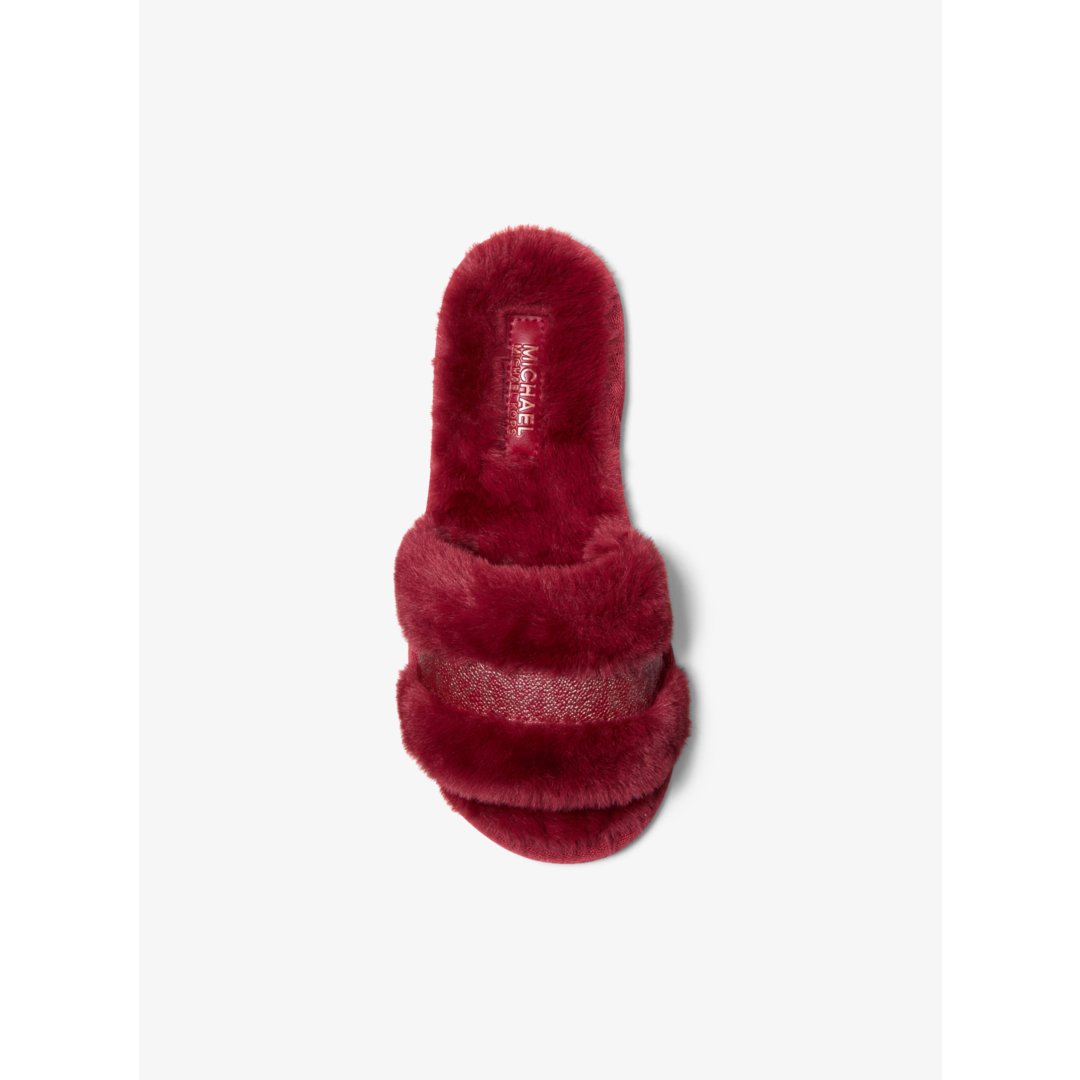 Michael Kors Alexis Faux Fur and Metallic Signature Logo Slide Sandal