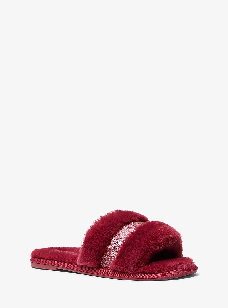 Michael Kors Alexis Faux Fur and Metallic Signature Logo Slide Sandal CHERRY