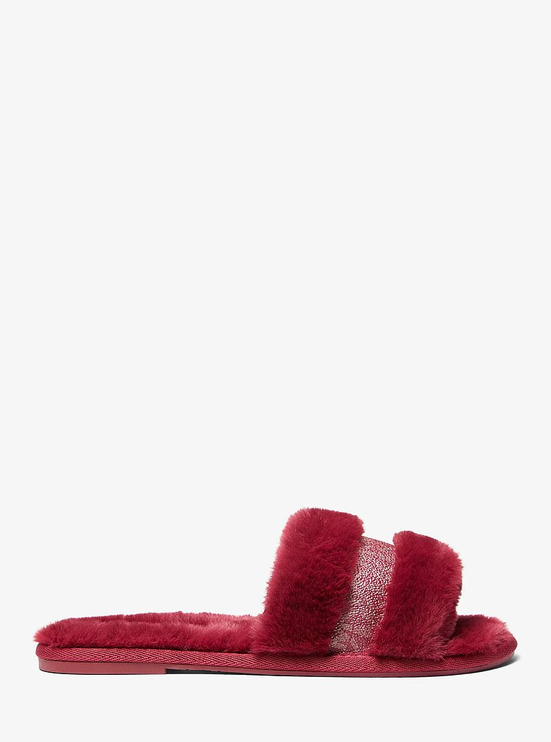Michael Kors Alexis Faux Fur and Metallic Signature Logo Slide Sandal CHERRY