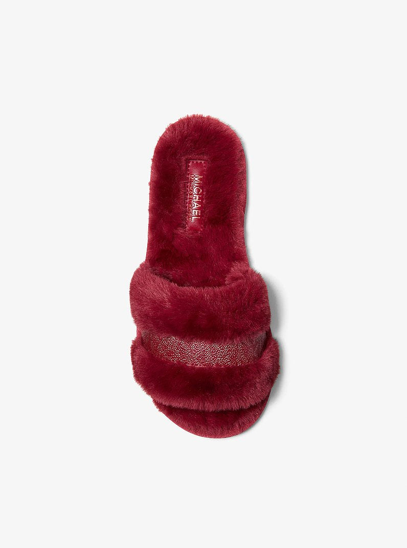 Michael Kors Alexis Faux Fur and Metallic Signature Logo Slide Sandal CHERRY