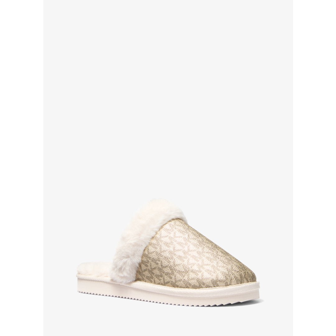 Michael Kors Liddy Metallic Signature Logo and Faux Fur Slipper