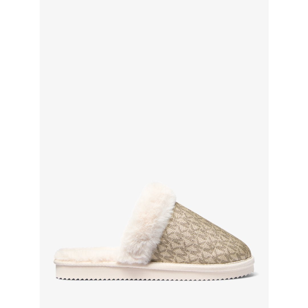 Michael Kors Liddy Metallic Signature Logo and Faux Fur Slipper