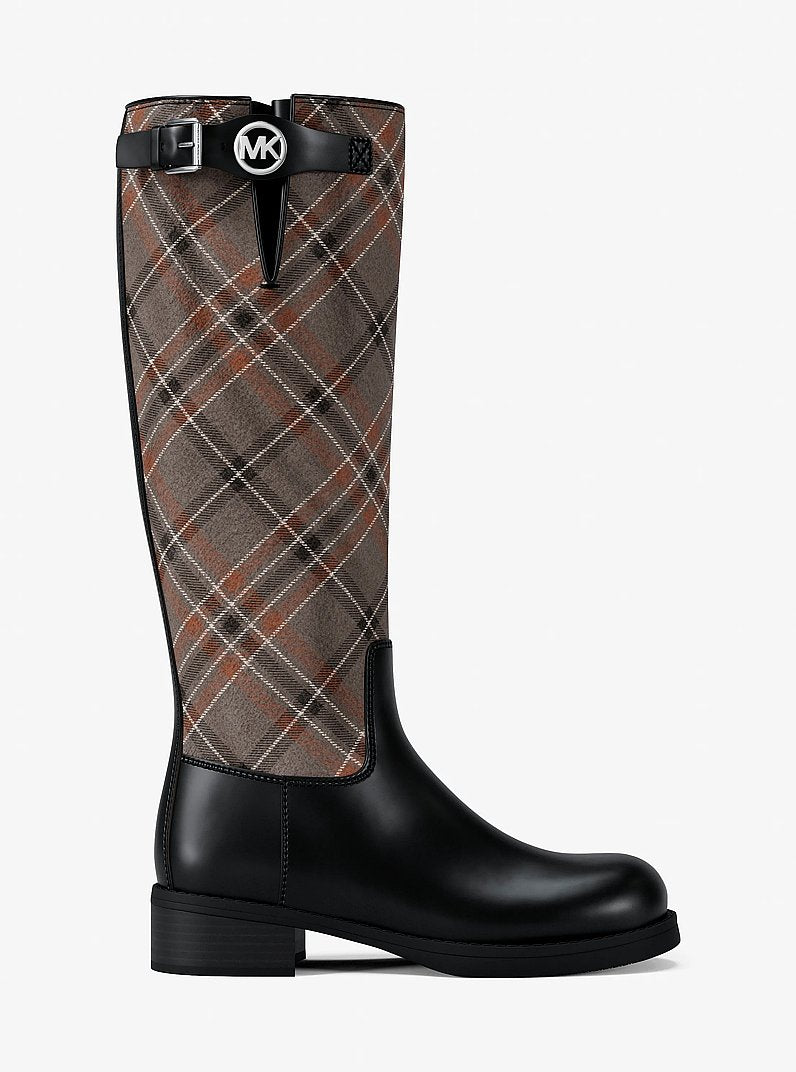 Michael Kors Royce Plaid Print Wool Blend Riding Boot MUSHROOM MLTI