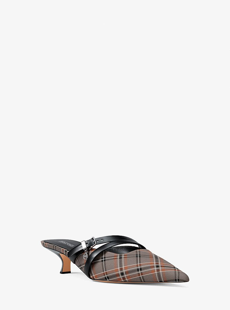 Michael Kors Yvette Plaid Print Kitten Mule MUSHROOM MLTI