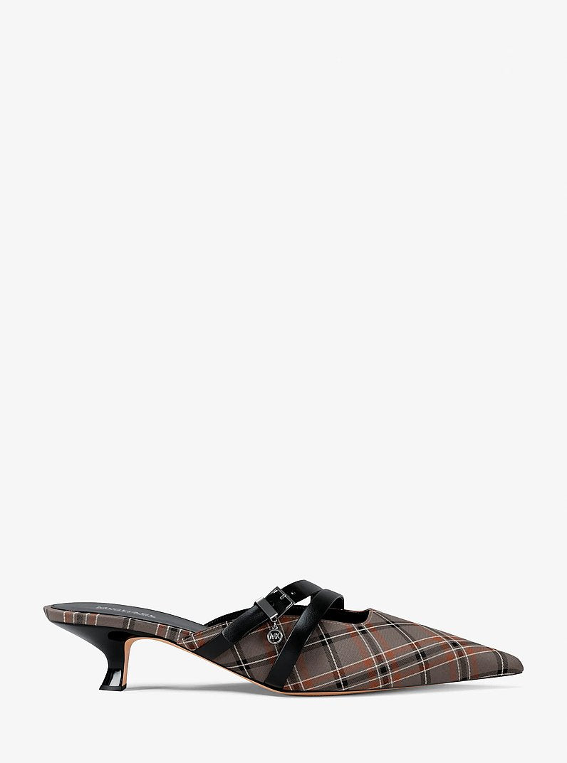 Michael Kors Yvette Plaid Print Kitten Mule MUSHROOM MLTI