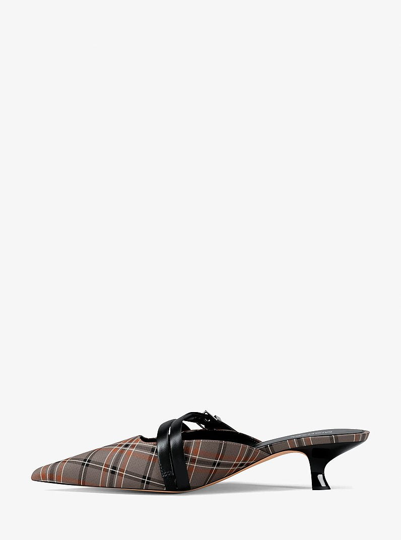 Michael Kors Yvette Plaid Print Kitten Mule MUSHROOM MLTI