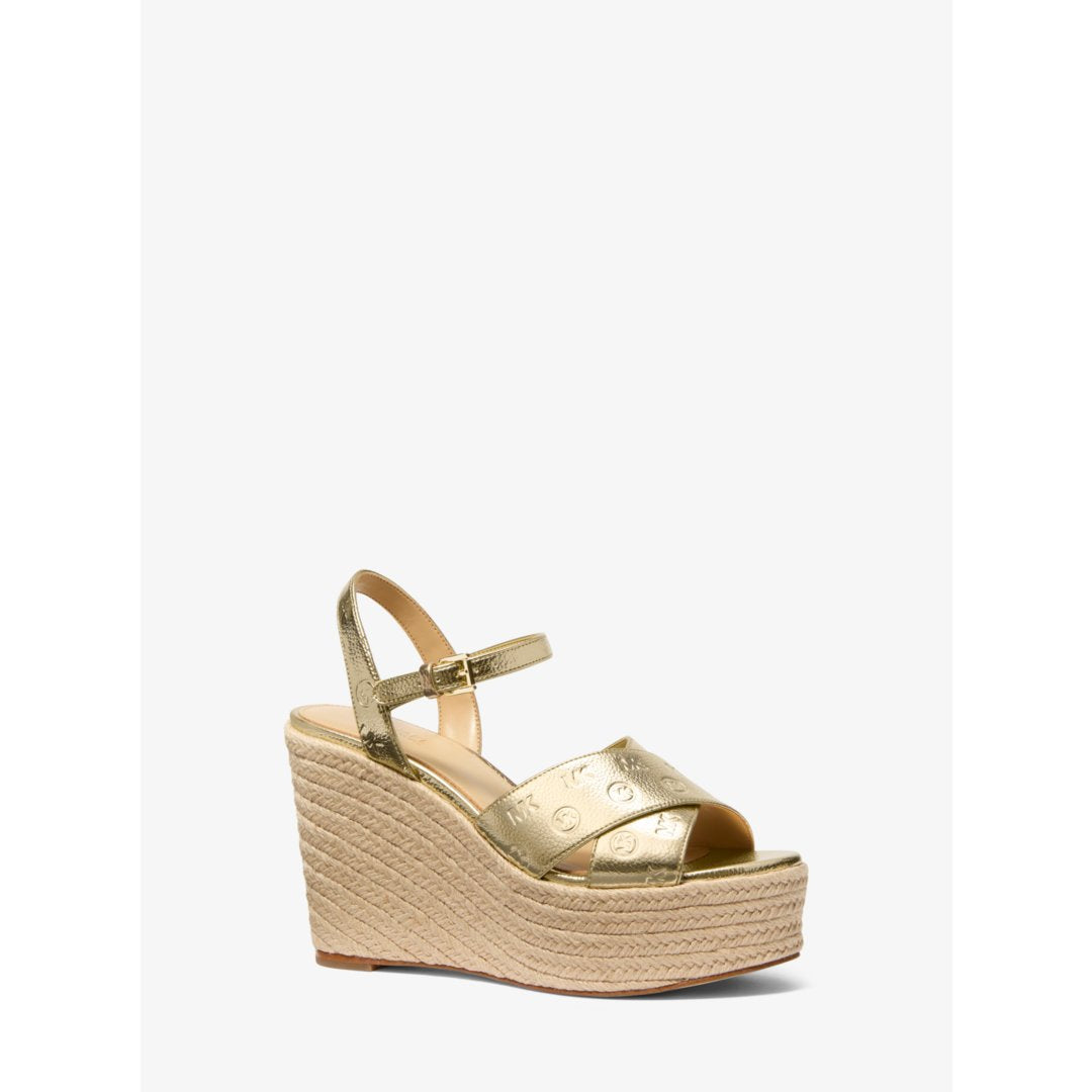 Michael Kors Luciana Metallic Logo Debossed Wedge Sandal