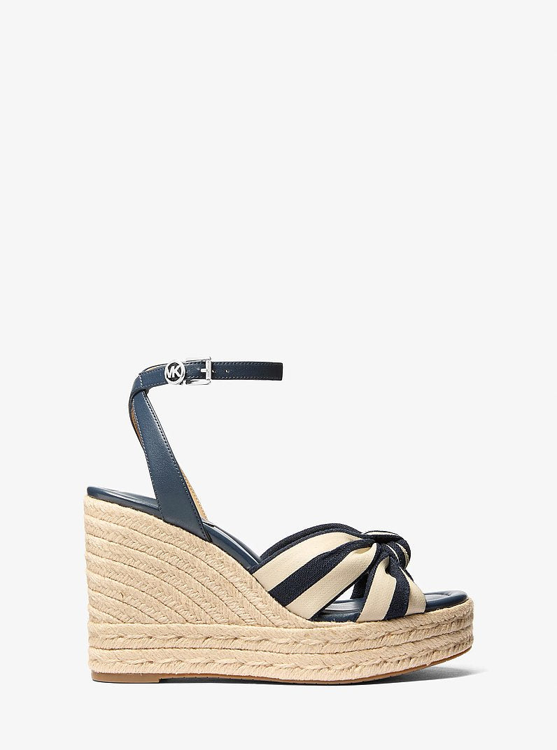 Michael Kors Elena Striped Linen Blend Wedge Sandal NAVY
