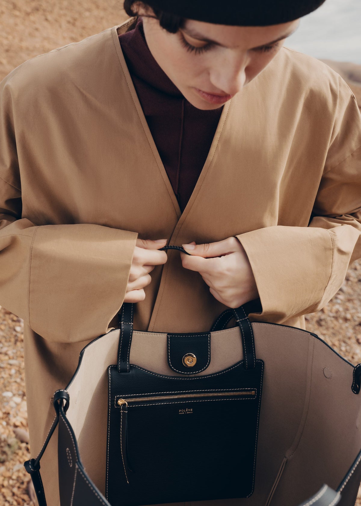 Polene Cyme Tote Textured Black with Ecru Stitching