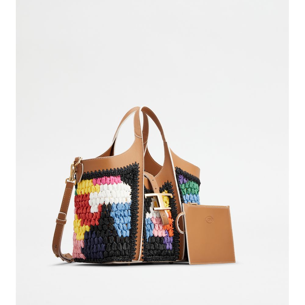 Tods T Timeless Shopping Bag In Leather And Raffia Mini Brown Black Light Blue