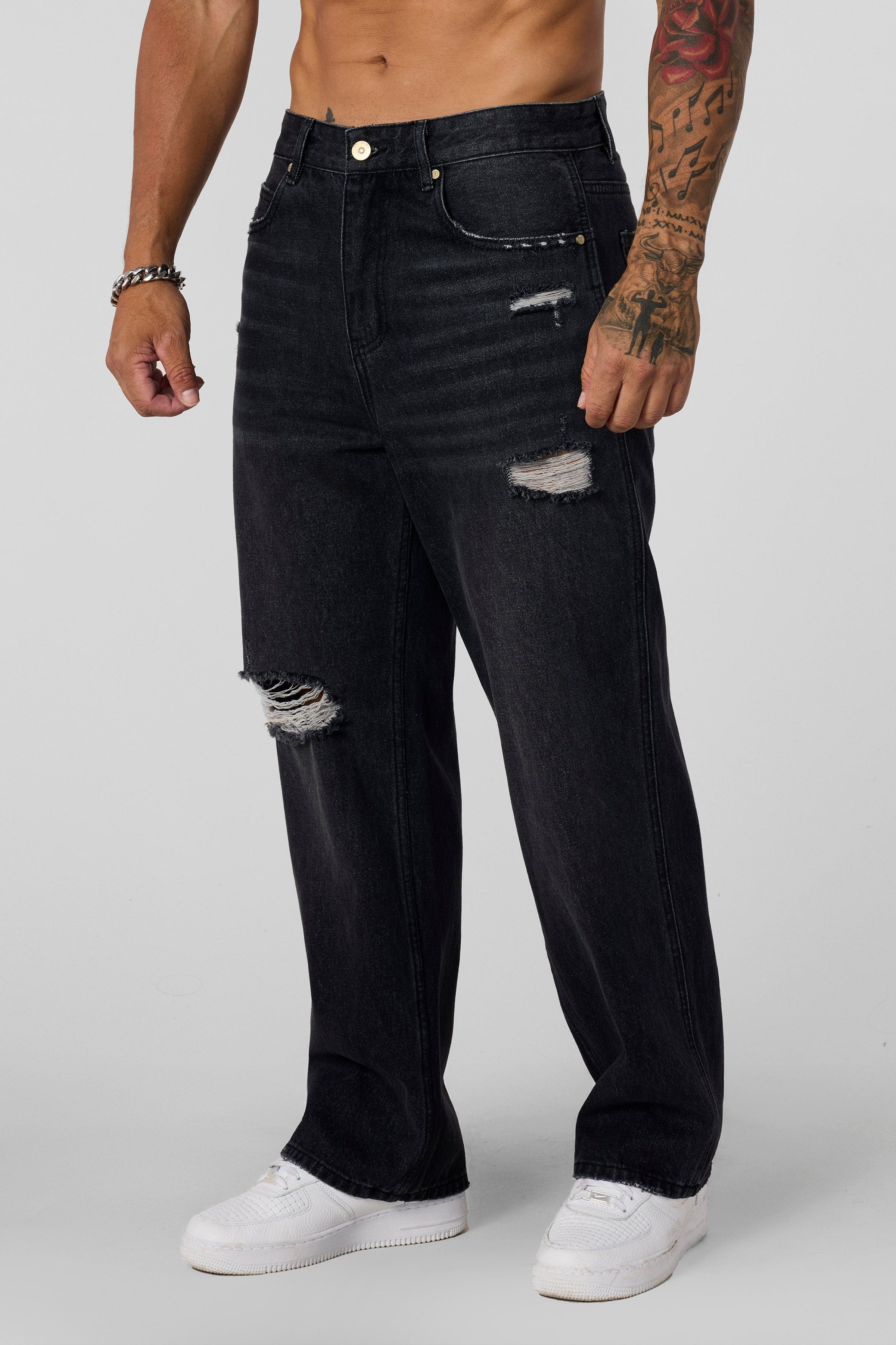 YoungLA 6025 - Straight Fit Ripped Jeans Black Wash