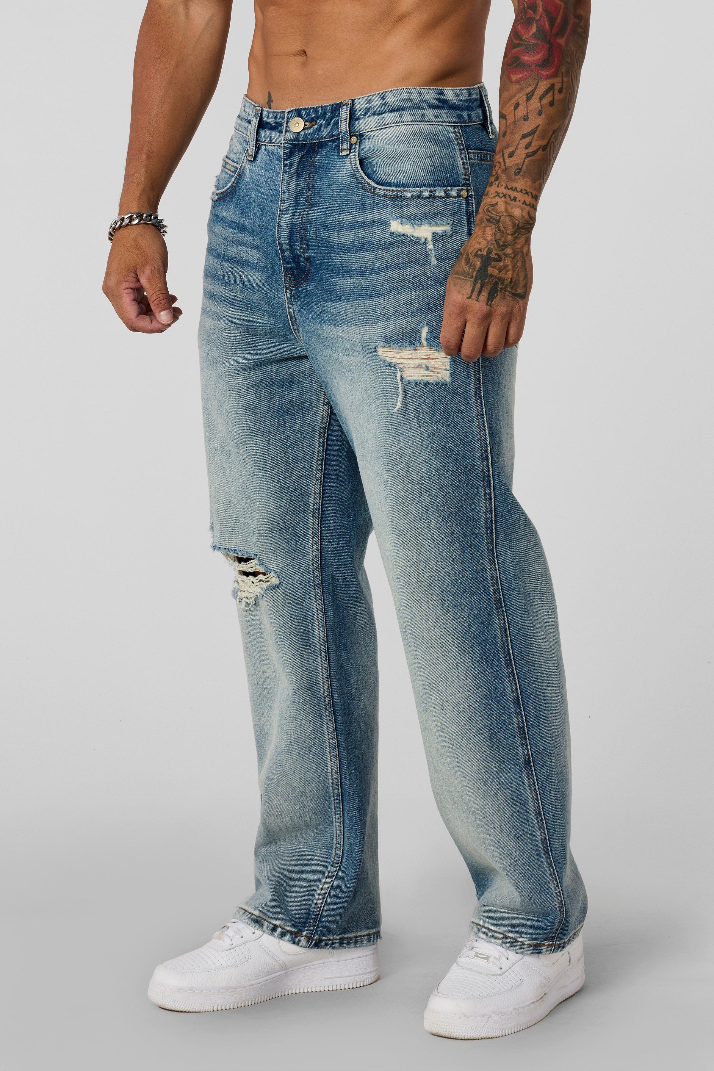 YoungLA 6025 - Straight Fit Ripped Jeans Blue Wash