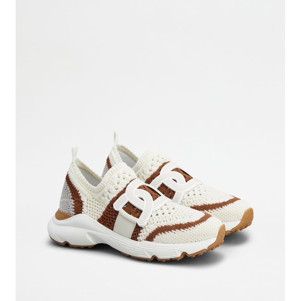 Tods Kate Slip-On Sneakers In Fabric Off White Brown Grey Womens