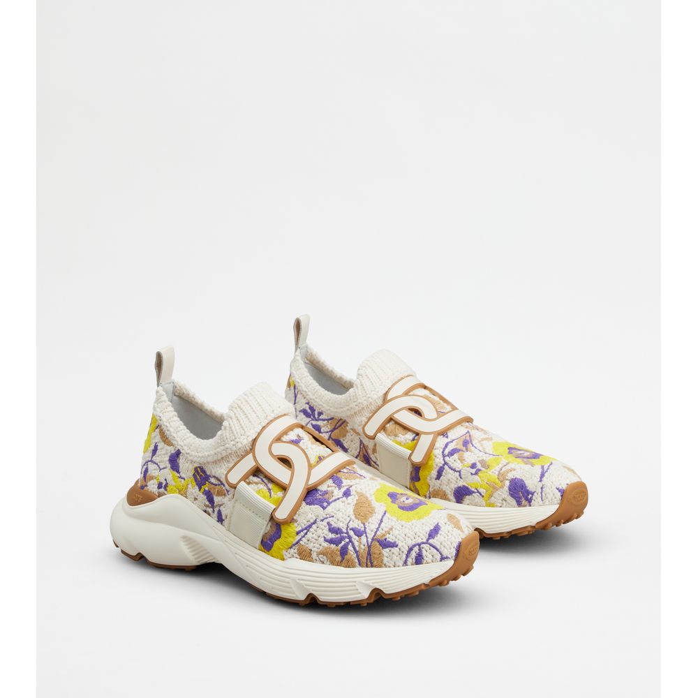 Tods Kate Slip-On Sneakers In Fabric Yellow Brown Off White Womens
