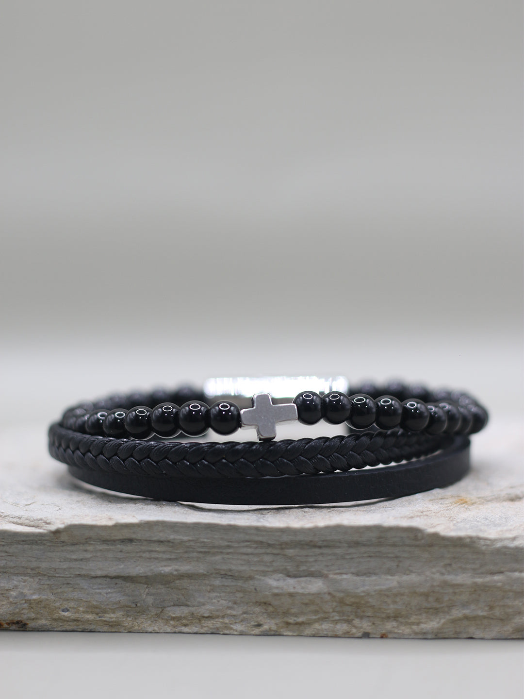 BLACK BEADED CROSS BRACELET FOR MEN