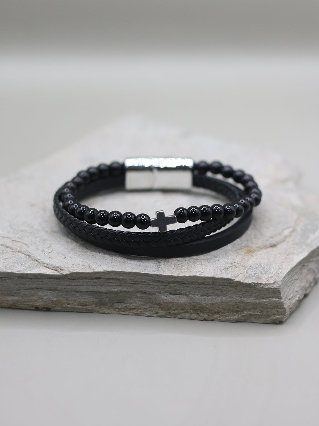 BLACK BEADED CROSS BRACELET FOR MEN