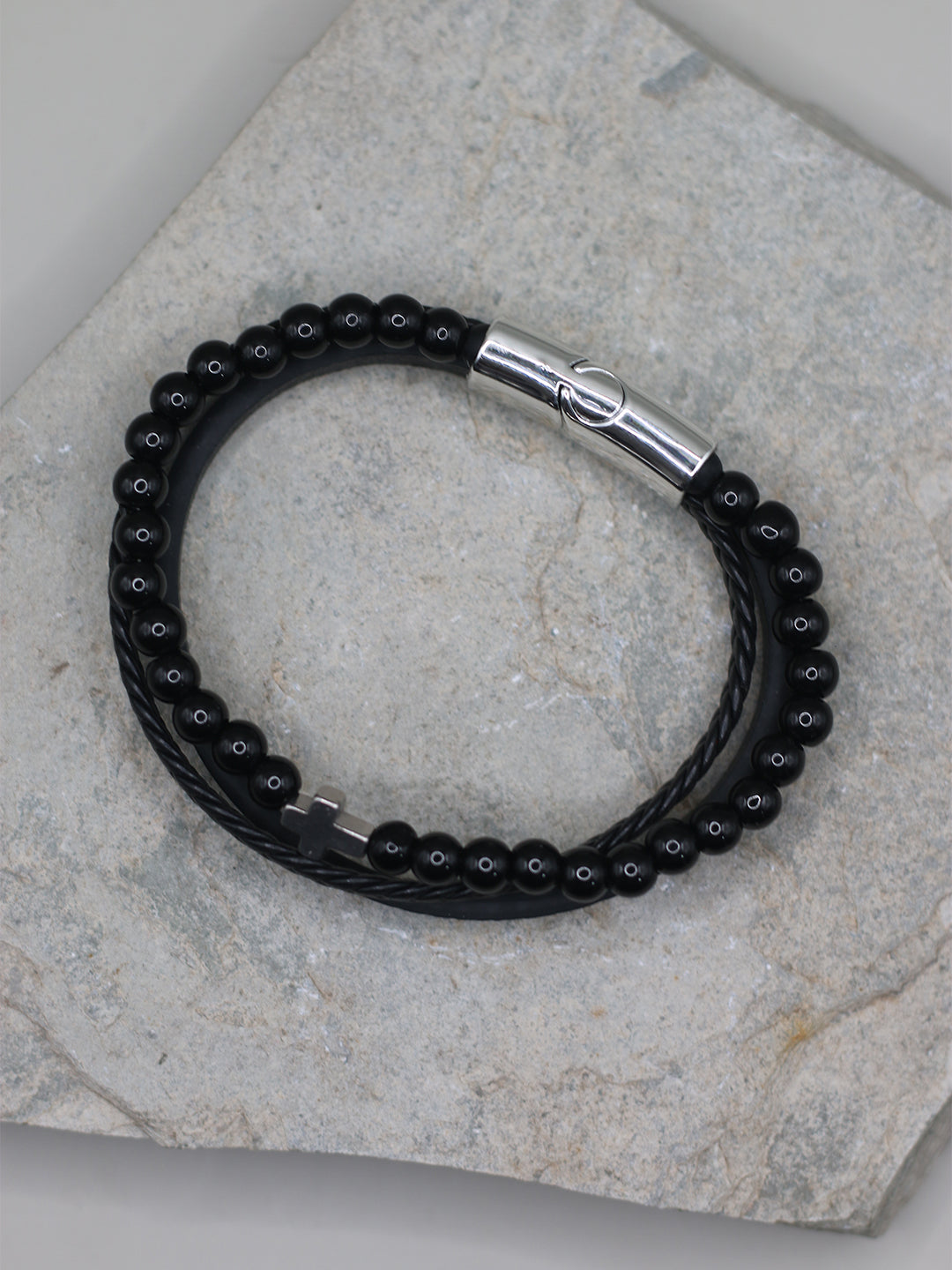BLACK BEADED CROSS BRACELET FOR MEN