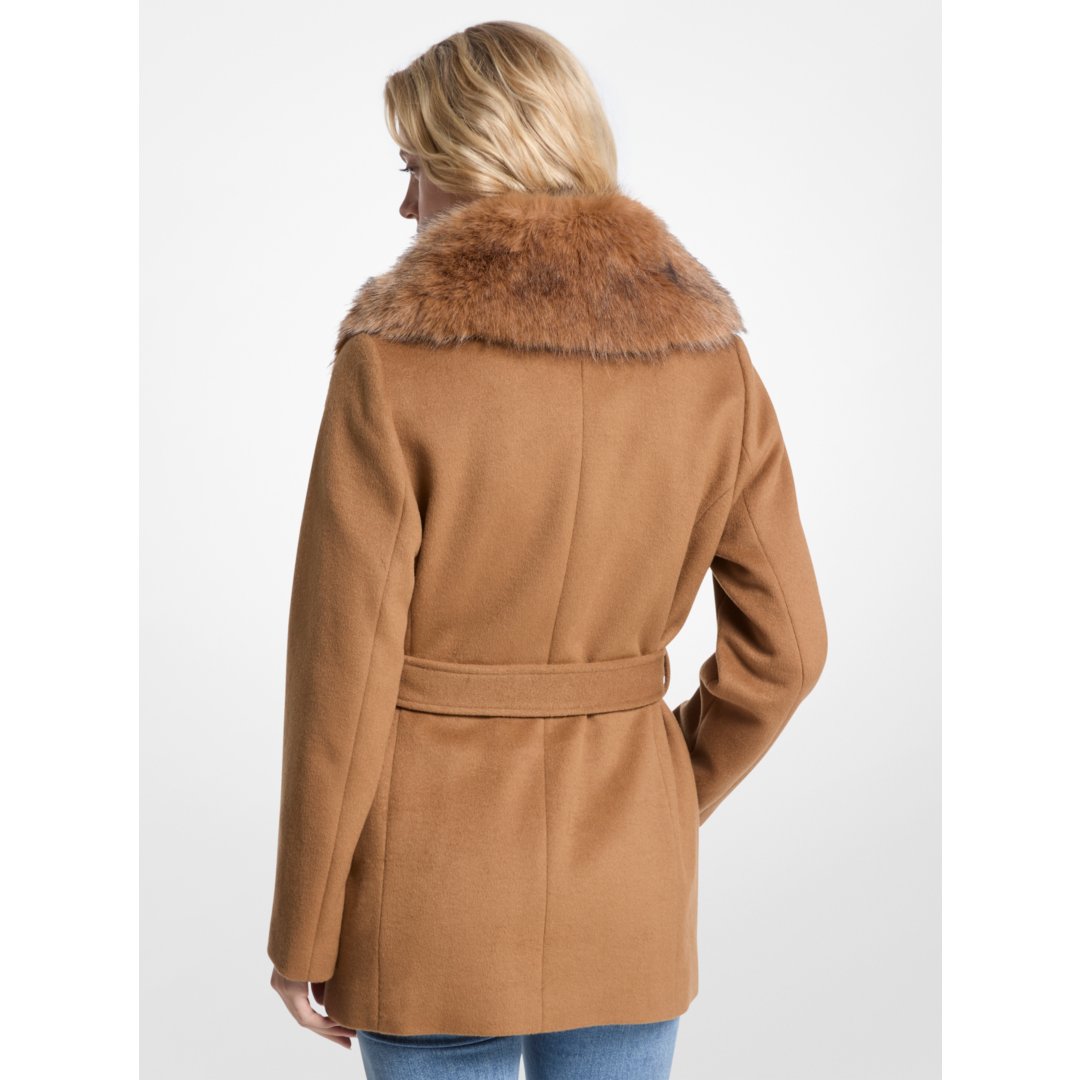 Michael Kors Faux Fur Trim Wool Blend Coat DARK CAMEL