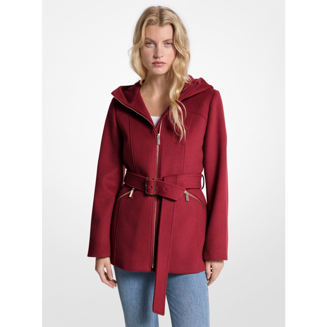 Michael Kors Wool Blend Hooded Coat CHERRY