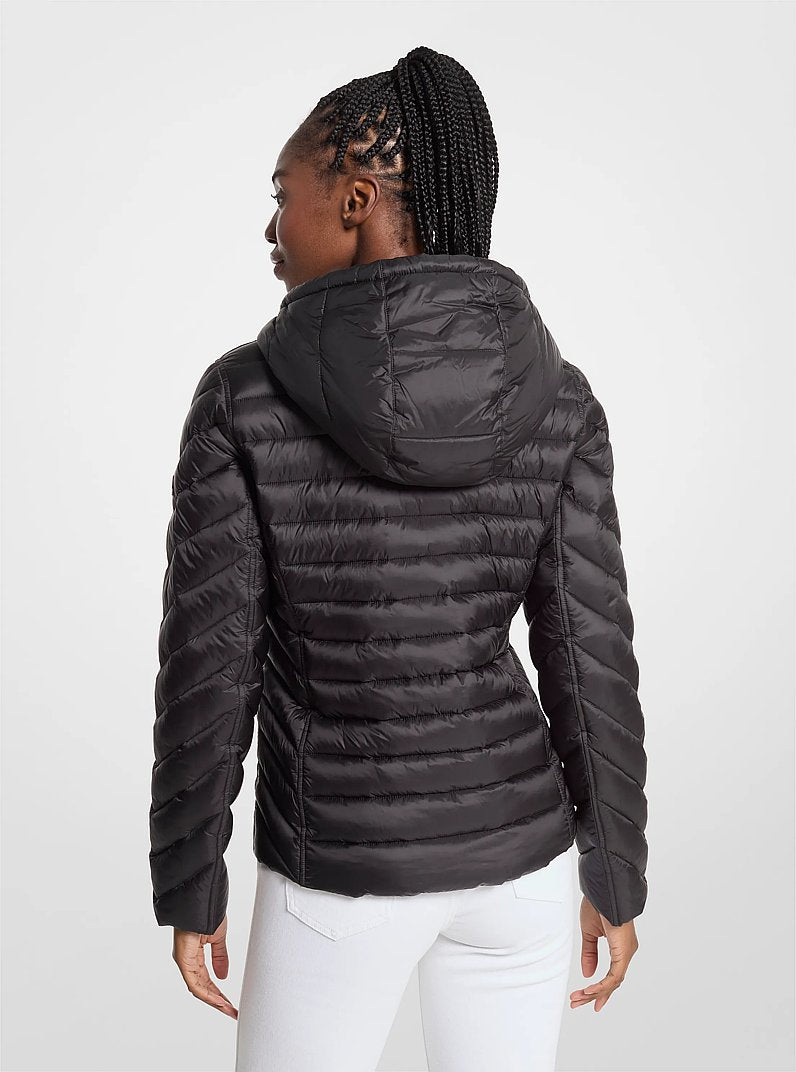 Michael Kors Chevron Logo Print Quilted Nylon Reversible Jacket BLACK/BROWN LOGO