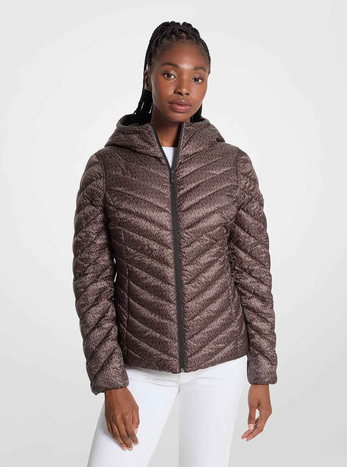 Michael Kors Chevron Logo Print Quilted Nylon Reversible Jacket BLACK/BROWN LOGO