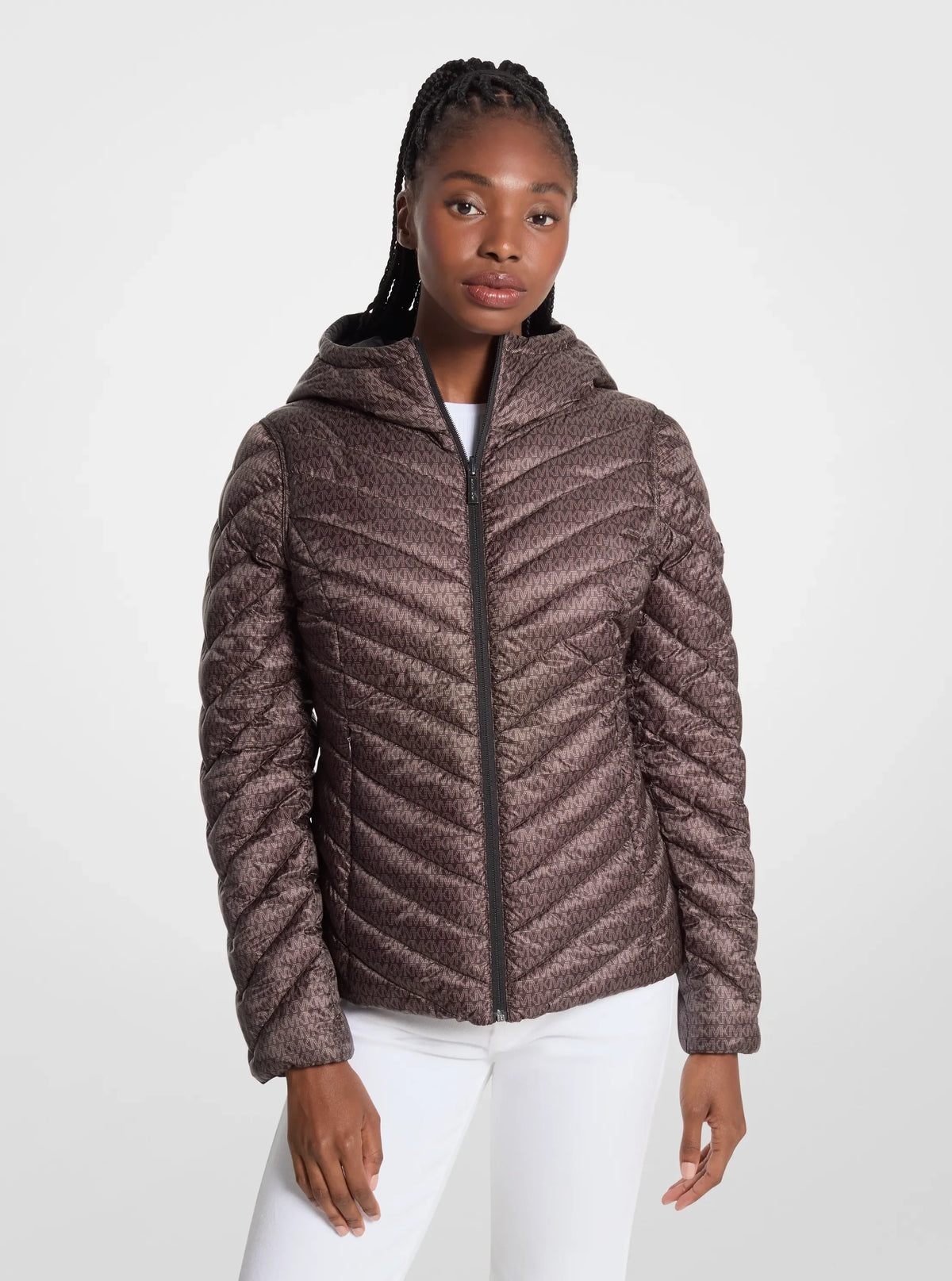 Michael Kors Chevron Logo Print Quilted Nylon Reversible Jacket BLACK/BROWN LOGO